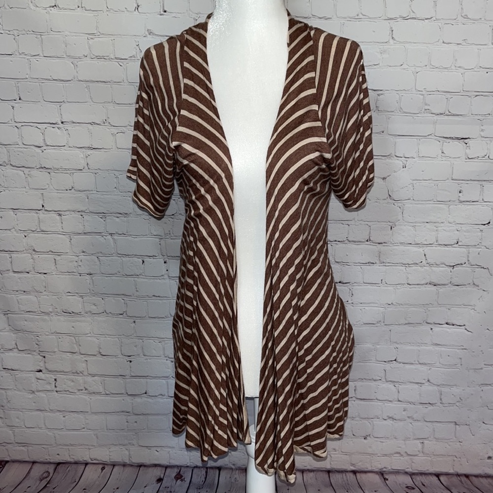 Brown and Tan Reversible Striped Open Cardigan Size Medium